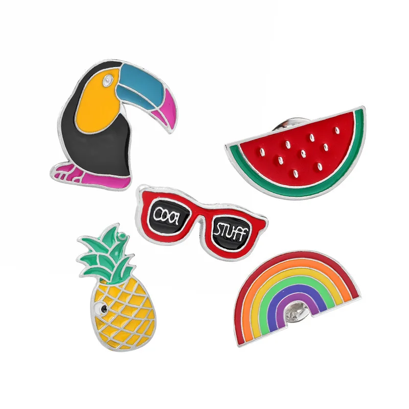 Fooderwerk Jewelry Fashion Cartoon Men And Women Brooch Woodpecker Watermelon Pineapple Rainbow Metal Pin Set