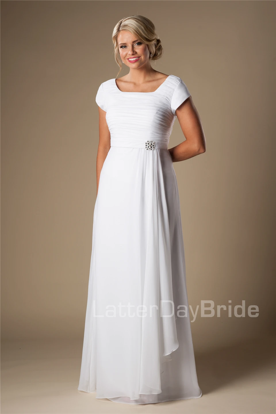  Informal  Chiffon Modest  Temple Wedding  Dresses  With Cap 