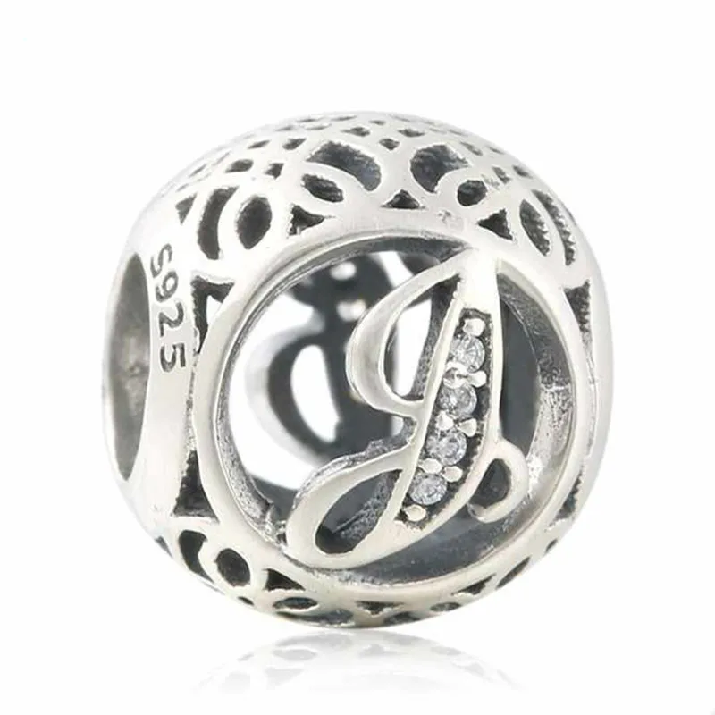

LE16J 925 Sterling Silver Openwork Letter J Charm Vintage Alphabet Beads For Jewelry Making Fit Original Brand Bracelet
