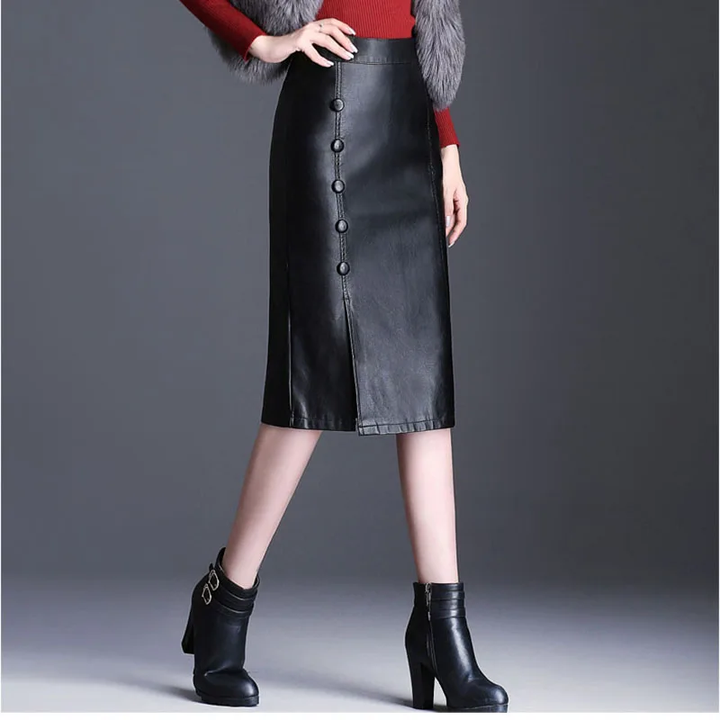 Женские юбки длиной до колена Зимние новые черные тонкие сексуальные офисные женские элегантные юбки из искусственной кожи высокого качества