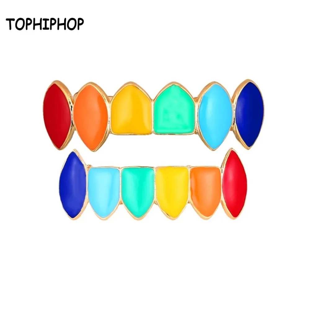 

6ix9ine Rainbow Hip Hop Colorful 69 Oil Gold Dent Teeth Grillz Top and Bottom Set With Free Silicone Box Caps Packing Grills