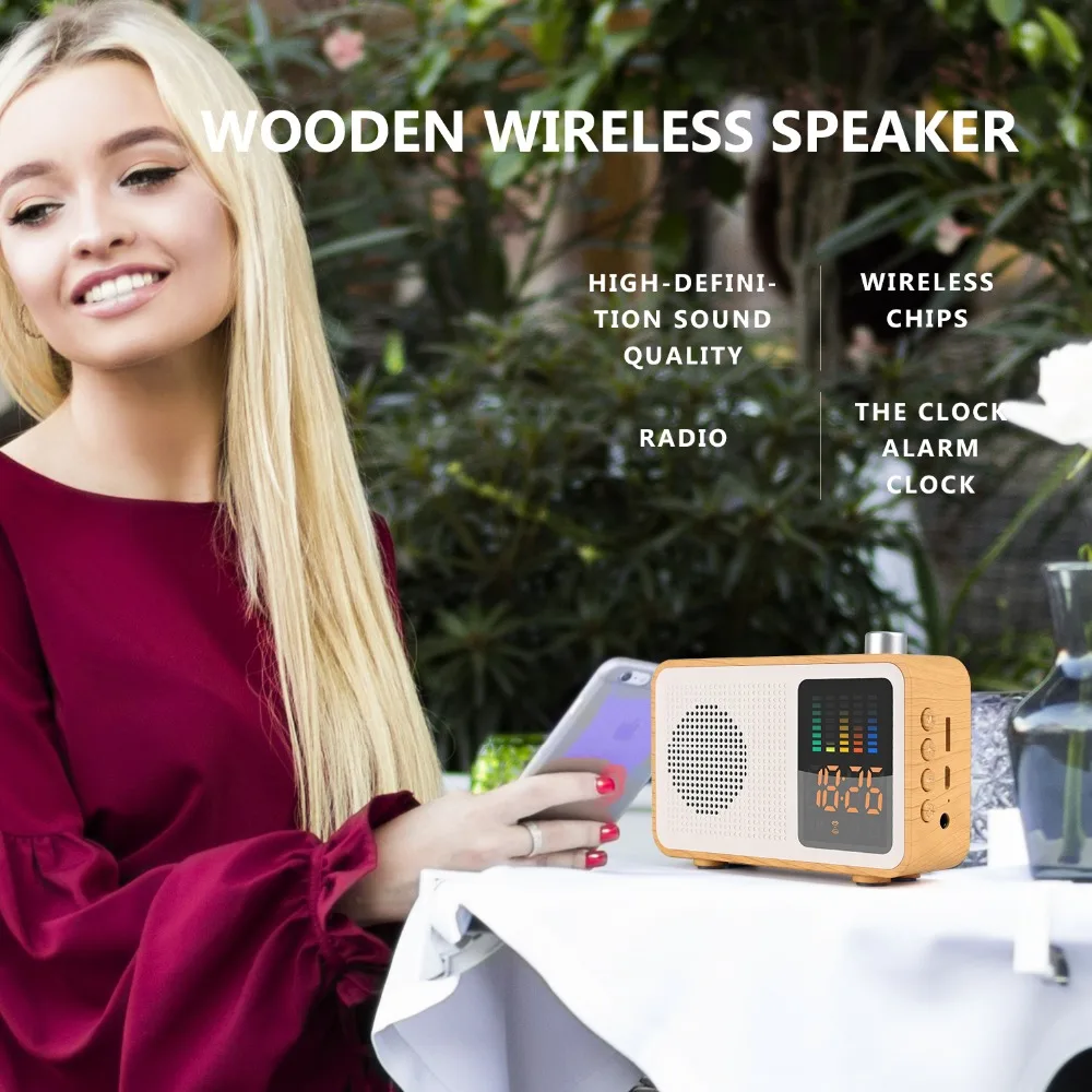

Wooden Retro Stereo Wireless Portable Bluetooth Speakers with FM Radio Digital Alarm Clock Supported TF Card/AUX-IN USB Chargin