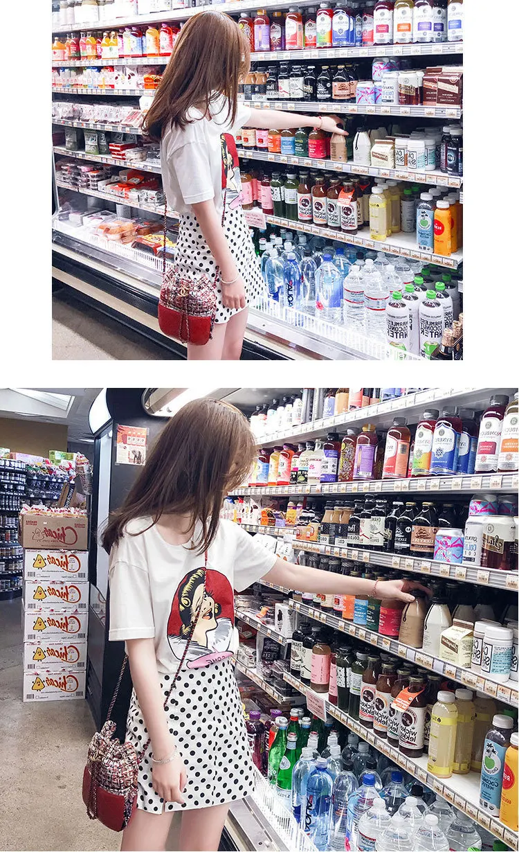 Modieuze wave dot rok pak vrouwelijke zomer 2019 nieuwe hoofd print T-shirt schudden tone web celebrity dezelfde stijl
