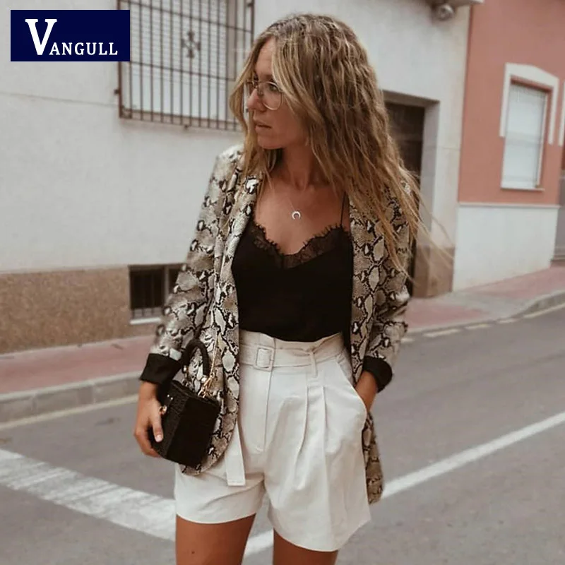 discounted  Vangull Women basic Jacket England Style Snake Print Jackets 2019 Pockets Notched Collar Long Sleev