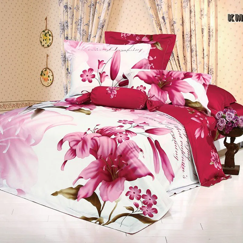 Lily Flower White and Red Floral Print Girls Bedding Sets Queen / King