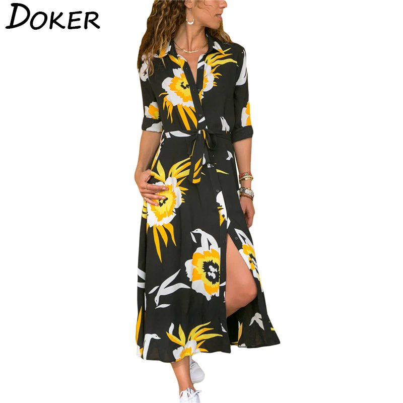 

Long Sleeve Floral Print Shirt Dress Women Turn-down Collar Chiffon Beach Dress 2019 Autumn Plus Size Elegant Work Wear Dress