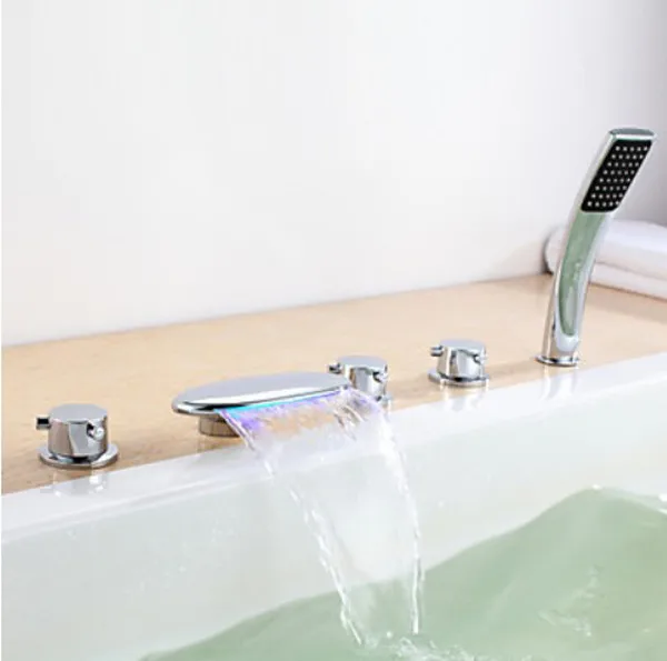 

Contemporary Three Handles Five Holes LED Tub Faucet with Hand Shower