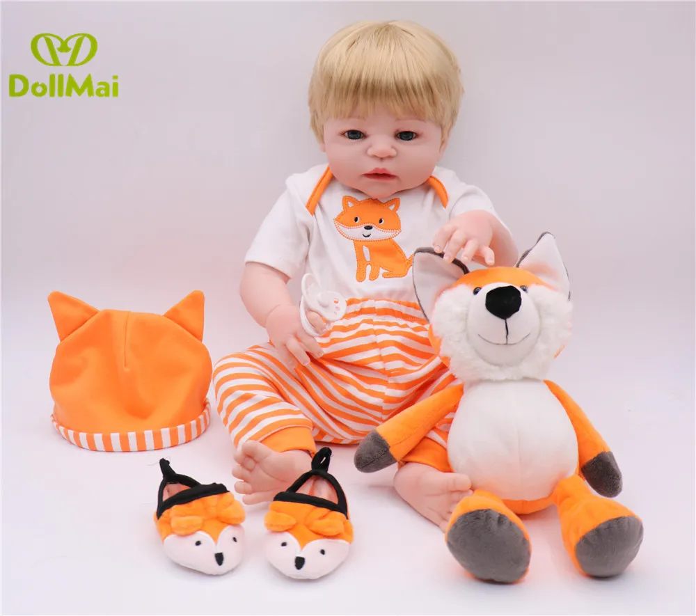 

Reborn boy Doll Full Silicone Vinyl Reborn Dolls with FOX plush 22'' Bebes reborn bonecas real alive Can Bathe BJD Child Toys