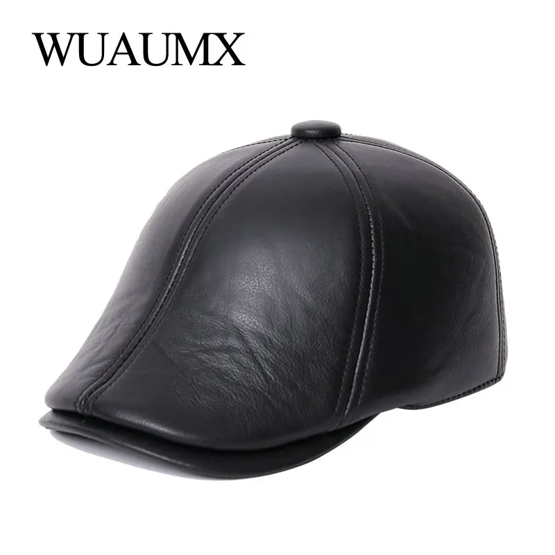 

Wuaumx Genuine Cow Leather Berets For Men Lined With Cashmere Duckbill Winter Beret Hats Cowskin Warm Russian Hat With Ear flap