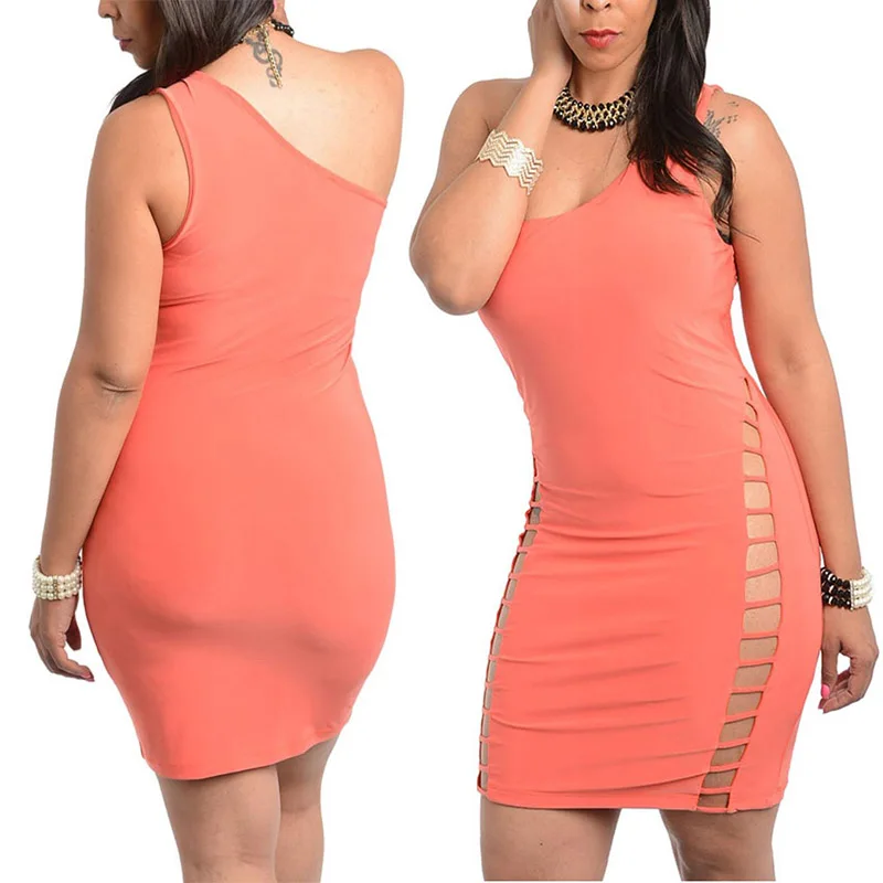 High Quality Sexy Strapless One Shoulder Pink Side Hollow Out Bodycon