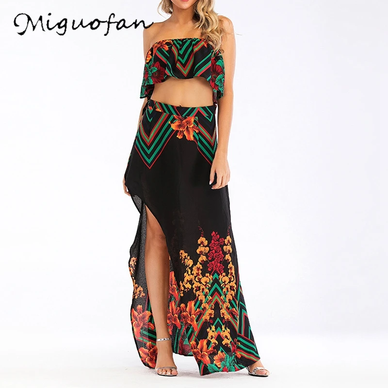 

Boho 2 Pieces Suits Sets Women Off Shoulder Print Crop Tops With Split Long Skirts Slash Neck Summer Bohemian 2PCS Suit Sets