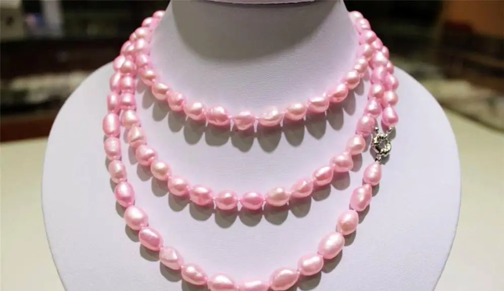 

FREE SHIPPING>>>@@ > long freshwater pearl necklace pink Baroque 9-10mm45"inch metal clasp