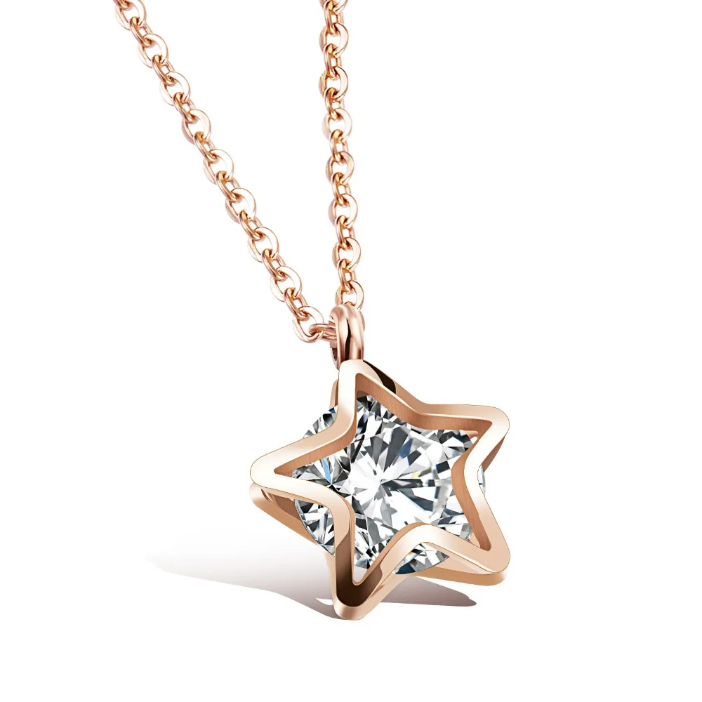 Пятизвездочная титановая сталь розовые, золотые, женские ожерелье на шею двойной пятиконечная звезда клип кристалл кулон ожерелье 3-GX1083