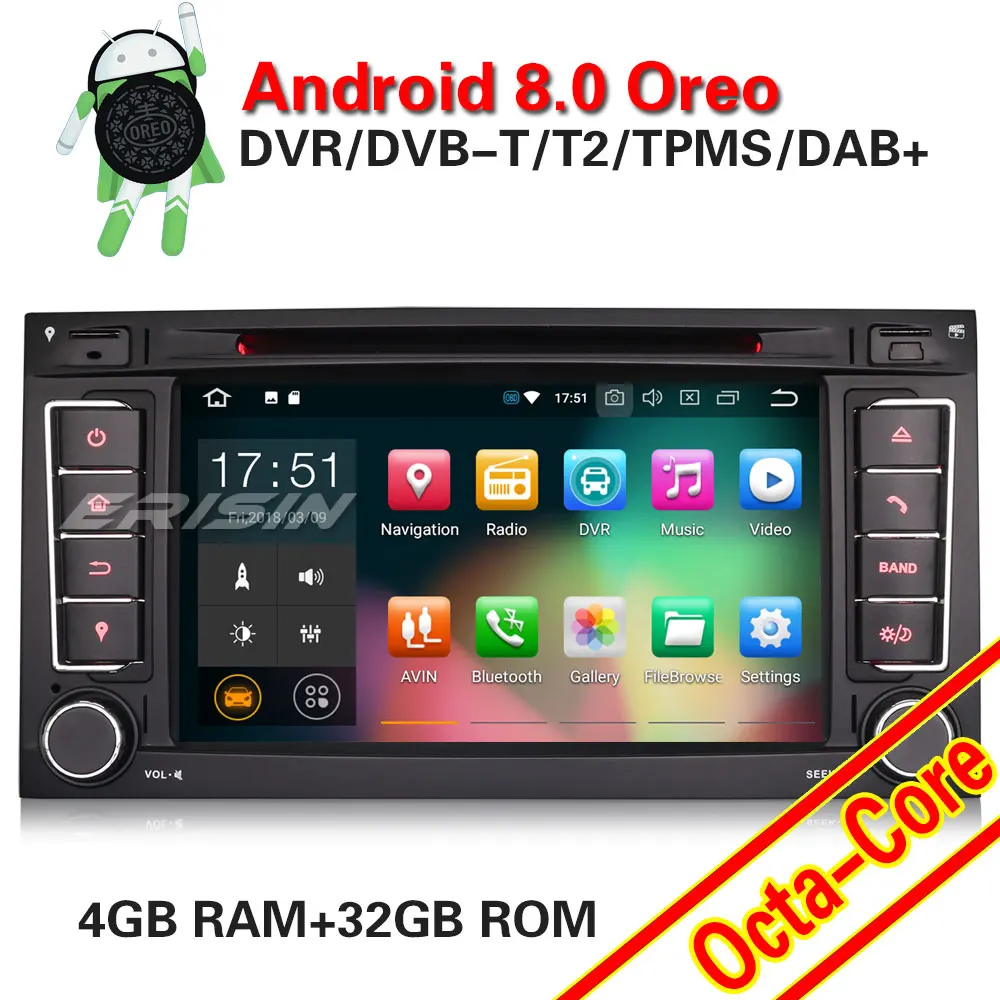 Erisin ES7856T 7 &quotAndroid 8 0 автомобильный dvd плеер Восьмиядерный 4G ram DAB + DVR Bluetooth CANBUS для