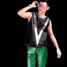 Для мужчин певцов ночной клуб певец DJ DS сцена Жилет кожаный черный с рубашка без рукавов костюмы