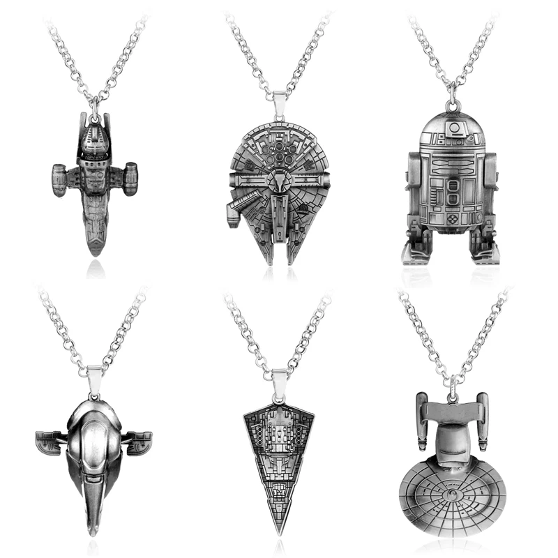 

HEYu Movie Star Trek Star War Enterprise Millennium Falcon Spacecraft Robot R2D2 Necklace Metal Alloy Pendant Necklace Jewelry