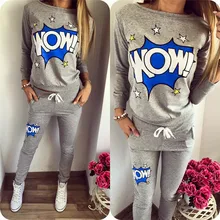 2016 New Women Fashion Track Suit Tracksuit Hoodie Autumn&Winter Cartoon Letter Wow Print Hoodie Sweatshirt 2 Piece Set Women