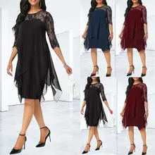 Eskulla Solid Women Chiffon Dress New Fashion Chiffon Overlay Three Quarter Sleeve Stitching Irregular Hem Lace Dress Plus Size Eskulla Solid Women Chiffon Dress New Fashion Chiffon Overlay Three Quarter Sleeve Stitching Irregular Hem Lace Dress Plus Size