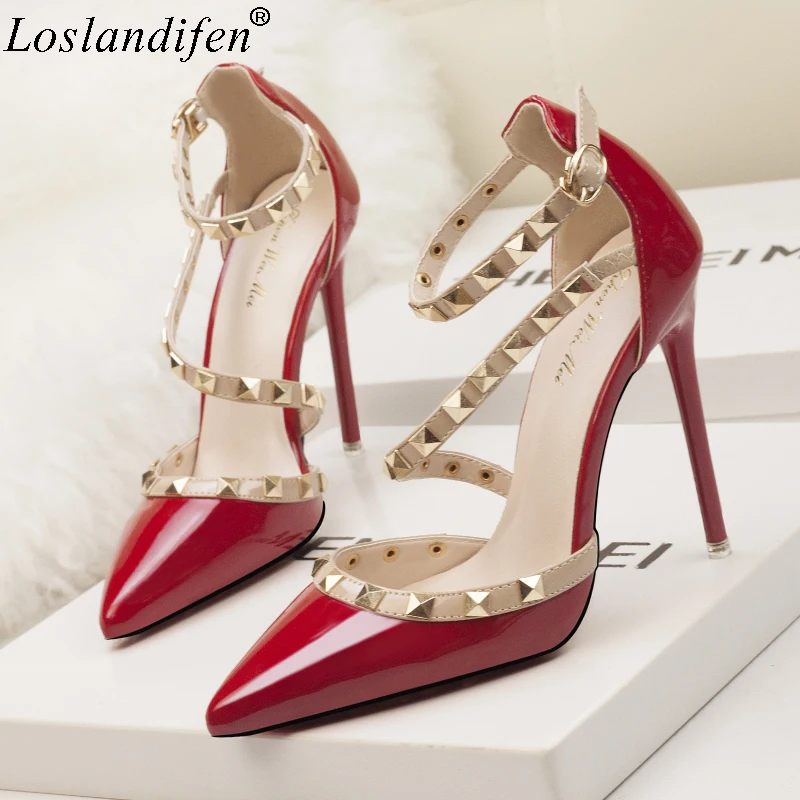 

2019 Summer Shoes Women high heels pointed toe pumps Sexy Rivet ankle strap thin heels Female Sandals fashion ladies shoe party