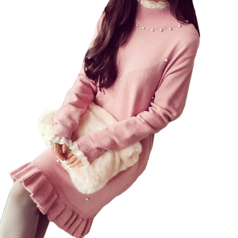 

Autumn Winter Turtleneck Sweater Dress Women Beading Knitted Dresses Casual Warm Pullover Lace Knitting Dress Vestidos SF560
