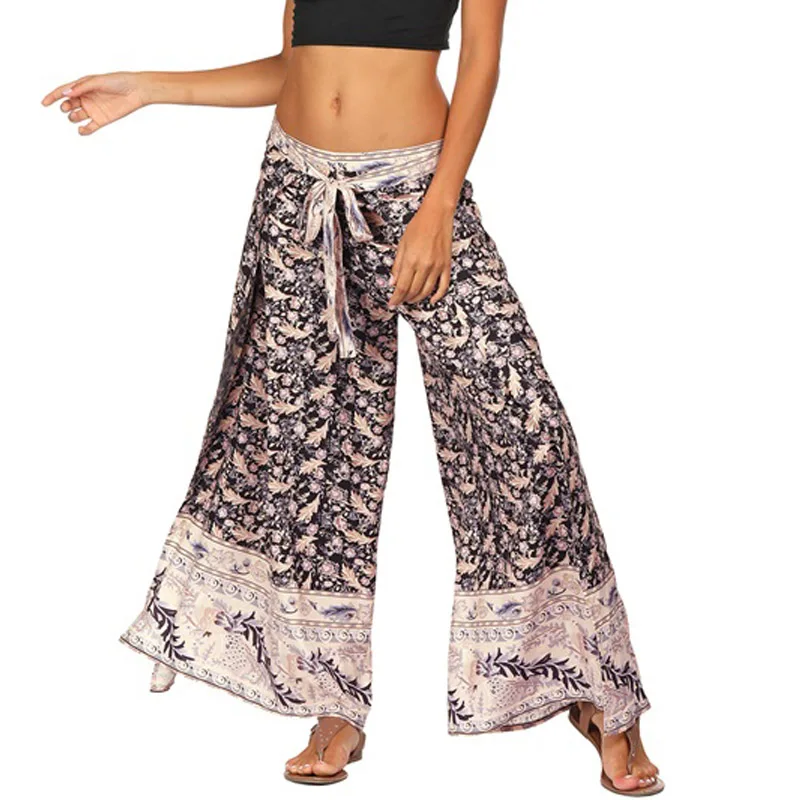 

Wide Leg Pants Ethnic Floral Bandage Pants Female Beach Casual Loose Trousers High Split Multiway Halter Jumpsuits Two Way Wear