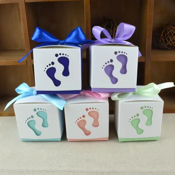 

50pcs Footprint Gift Box Foot mark Candy Box Birthday Party Baby Shower Favor with Ribbon Decoration Wedding Event Supplies