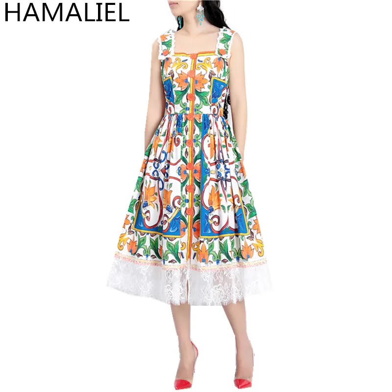 

HAMALIEL Summer Designer Women Party Dress 2018 Runway Print Flower Patchwork Lace Single breasted Hollow Out Dress Vestidos