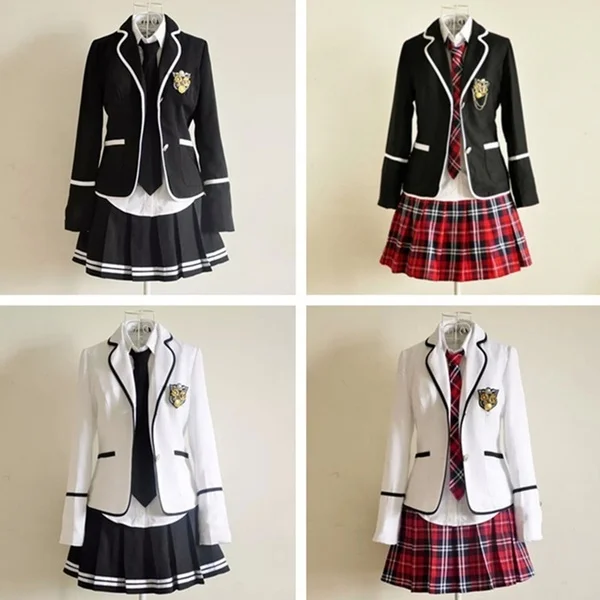 

Teens Girls School Uniform Cosplay Costume Black Red Plaid Skirt Tops Coat Sets S-3XL