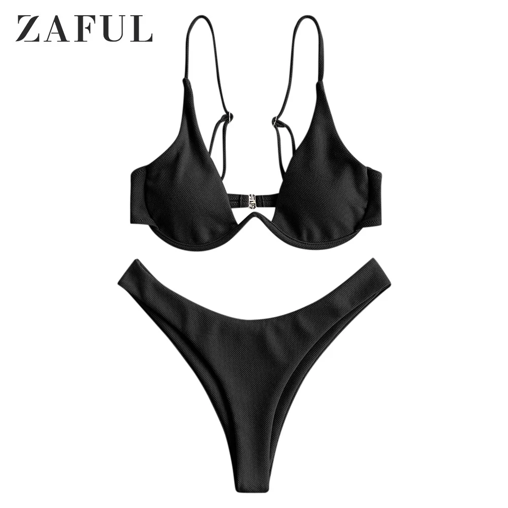 ZAFUL Sexy Plunging Neck Thong Bikinis Set Underwired Plunge Bathing