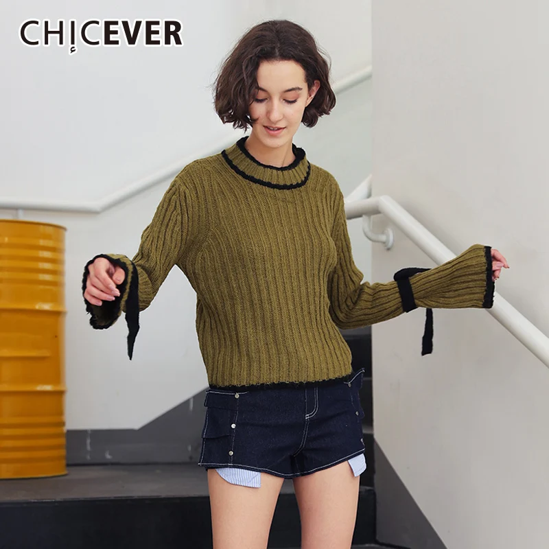 

CHICEVER Bow Lace Up Sweater For Women Turtleneck Flare Sleeve Pullovers Tops Female Lady's Sweater Autumn Fashion Clothing Tide