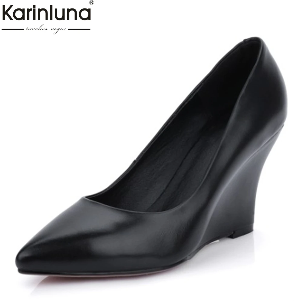

genuine cow leather pointed toe summer shoes woman pumps female slip on wedge high heels party office lady pumps woman shoes