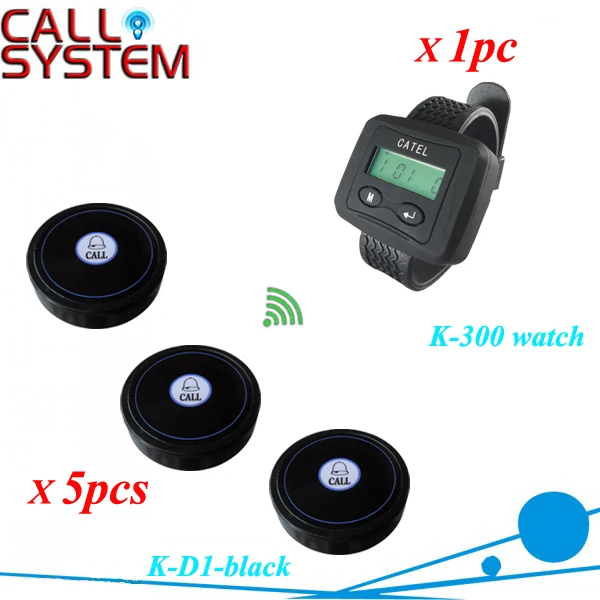 

Wireless calling bell systems 1 watch wrist K-300 receiver work with 5pcs single-key buzzer K-D1