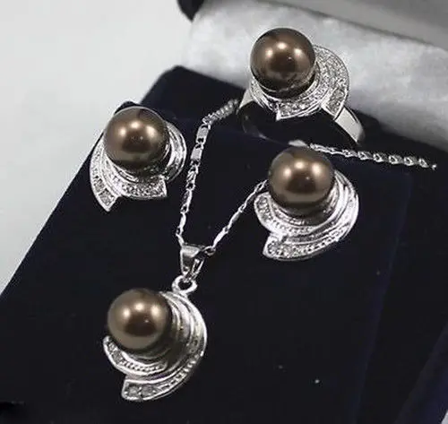 

hot sell new - 1 set 10mm Brown South Sea shell pearl pendant Necklace Earring Ring NEW NEW