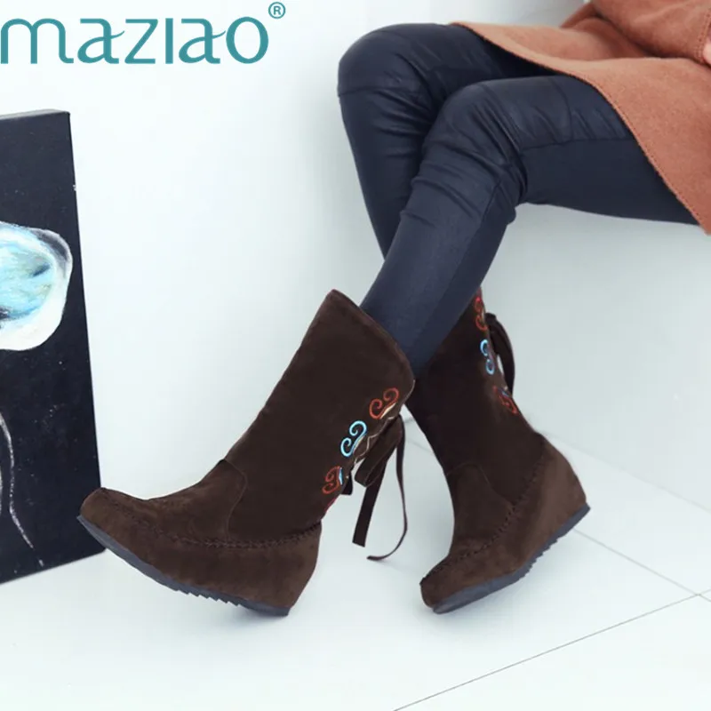 

Women's Winter Wedge Boots Plus Big Size Cross Strap High Quality Faux Suede Brand Women Embroider Shoes MAZIAO