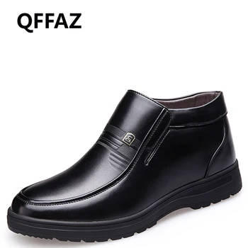 

QFFAZ Men Boots Warm Plush men winter boots footwear mens black leather shoes Ankle Boots Business dress Cotton Inside Men Shoes