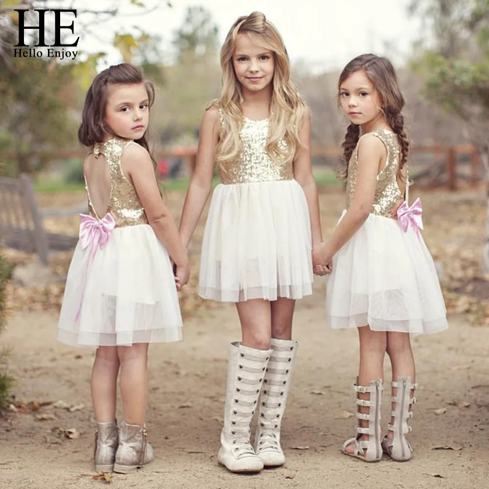 

2017 kids wedding dresses for girls sleeveless Golden Love Backless bow patchwork Gauze bridesmaid party princess dress