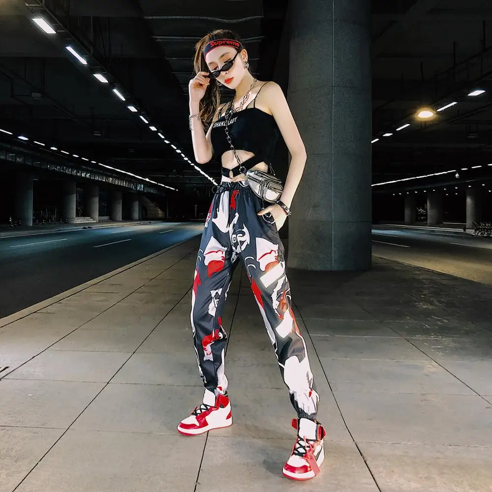 

Women's Fashion Print Cargo Pants Hip Hop Pants Streetwear Reflective Spliced Mid Waist Loose Harem Pants Female Summer Trousers