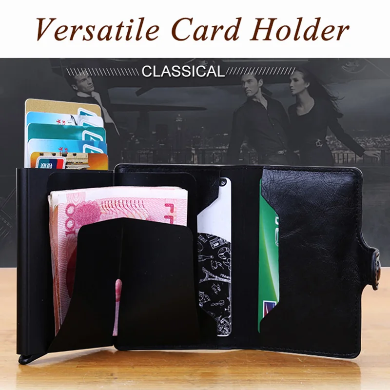 

Versatile PU Leather Business Card Case Mens Popup Aluminum Alloy Card ID holder with Money Clip Package Customize name logo