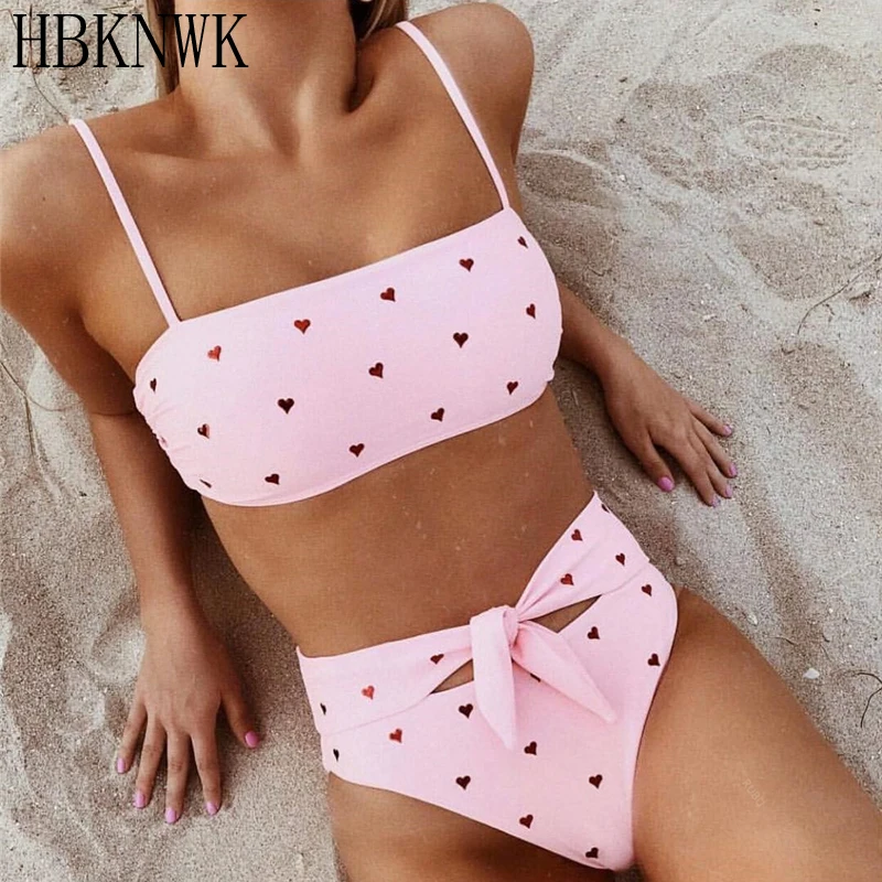 

HBKNWK Sexy High Waist Bikini Set Femme Swimwear Print Push-up bow knot bathing Suit Two Pieces Beach Wear Bathing Suit Biquini