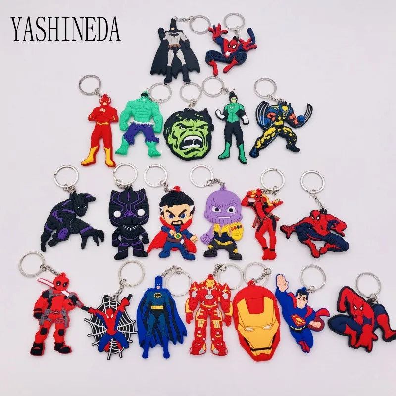 

50PCS Spider Man Superman Batman Character Keychain Marvel Avengers Key Chain PVC 3D Double Side Key Ring Kid Key Holder Trinket