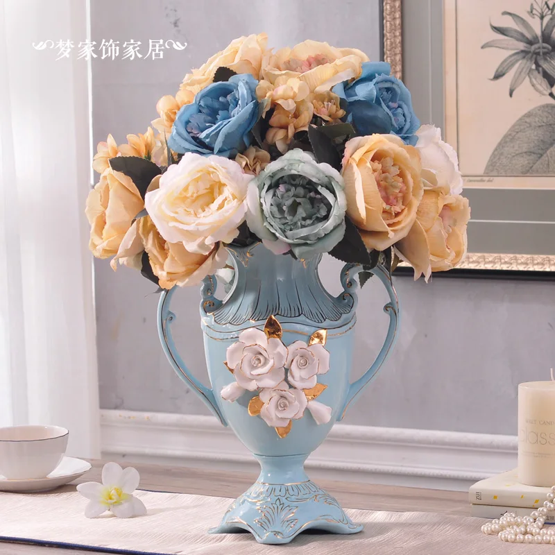 Ваза европейского стиля цветочный набор синий стиль гостиной декоративный цветочный Дворцовый стиль атмосферу - Цвет: see chart