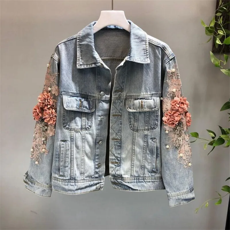 

women fashion Heavy-duty embroidery three-dimensional flower short design long-sleeved denim jacket female basic jacket r94