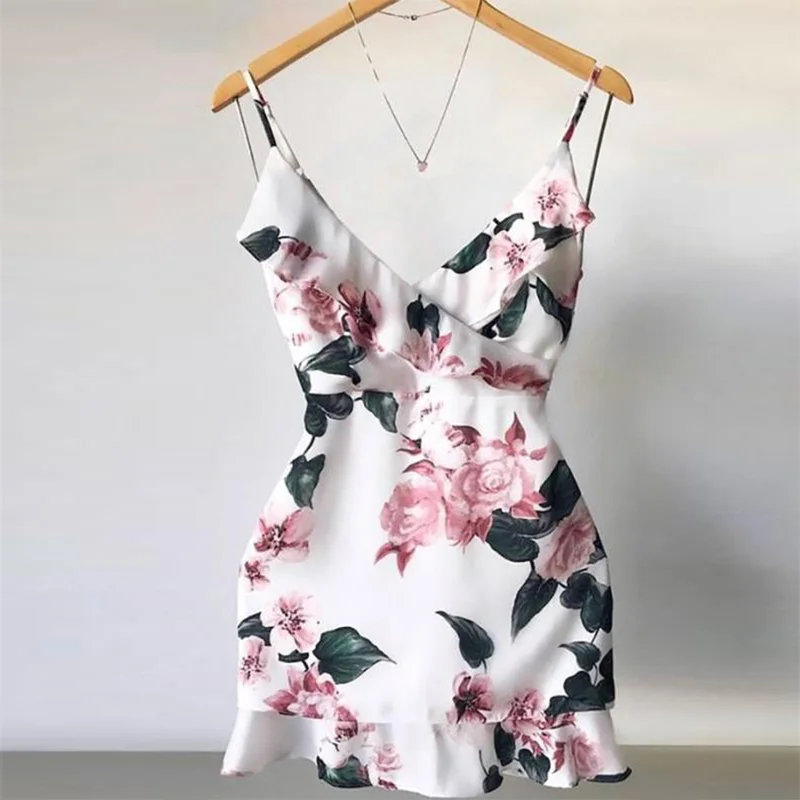 

Fashion Women Sling Strap V-neck Floral Print Mini Short Dresses Casual Slim Fit Dress Ruffles Backless Sexy Dress Vestidos 2019