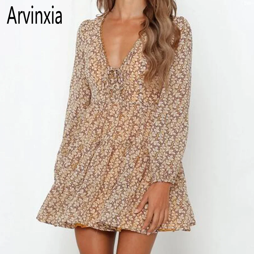 

Arvinxia Vintage V Neck Floral Printed Woman Dress New Streetwear Flower Ladies Vestidos Fashion Lantern Sleeves Bodycon Dresses