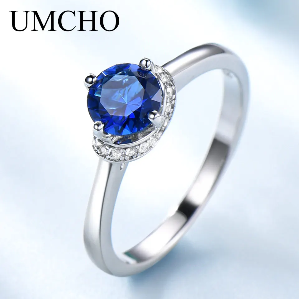 UMCHO, кольца с голубым Сапфиром И драгоценным камнем для женщин, из натуральной 925 пробы, серебряное кольцо Halo Promise, обручальное, свадебное, ювелирное изделие, подарок