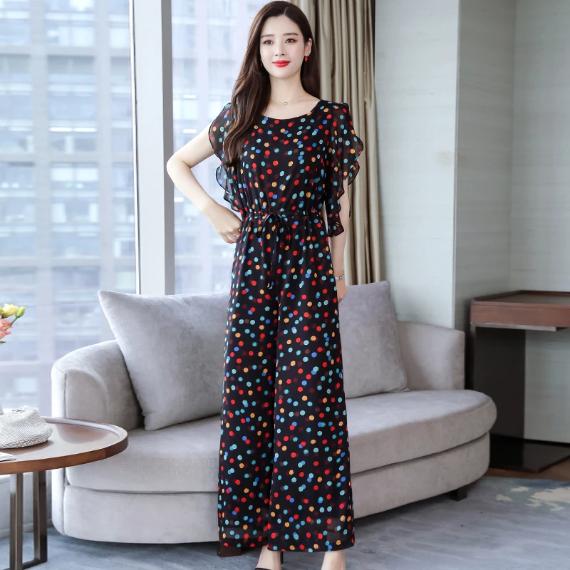 

New wave point jumpsuits women spring floral chiffon loose falbala tops of tall waist wide-legged pants jumpsuit