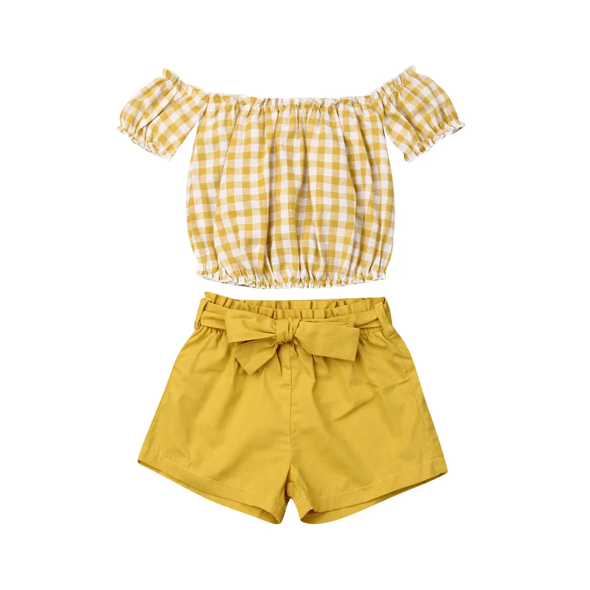 

Toddler Baby Girls Clothes Set Off Shoulder Crop Plaid Tops T-shirt Solid Shorts Summer Outfit Sunsuit