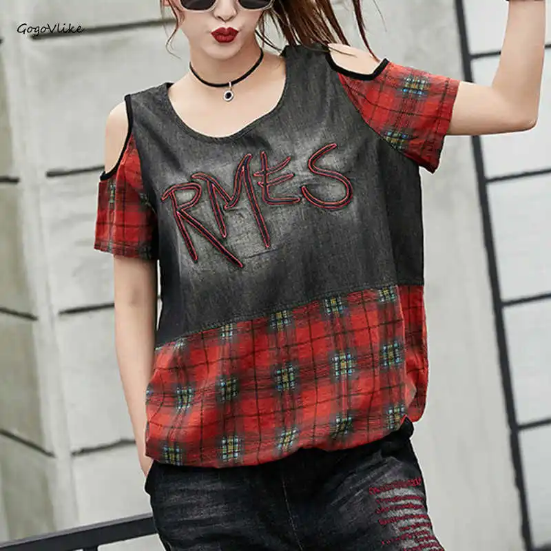 

Punk Open Shoulder Tops Tee Shirts 2019 New Womens Summer Jean T-shirt Casual Batwing Female Vintage Tshirt Streetwear LT939S50