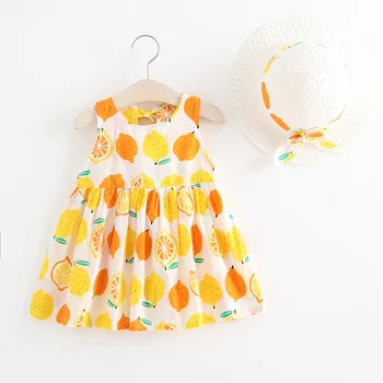 

Baby Girls Dresses Summer Hat 2 Piece Set Children's Clothes Baby Sleeveless Birthday Party Princess Sundress Fruit Pattern