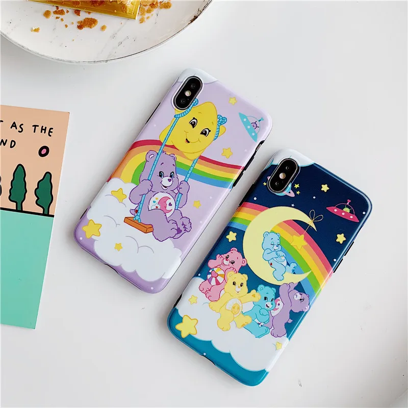 Cartoon ins Care Bears Phone Case For iPhone 6 6s 7 8 Plus X XS Max Xr cute rainbow bear Moon stars back cover Coque |